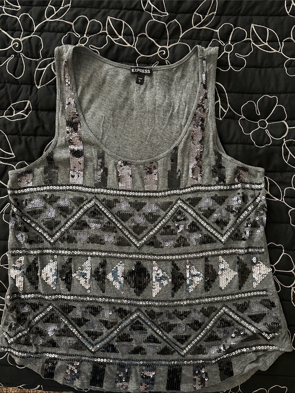 Express Gray Sequin Geo Tank Top